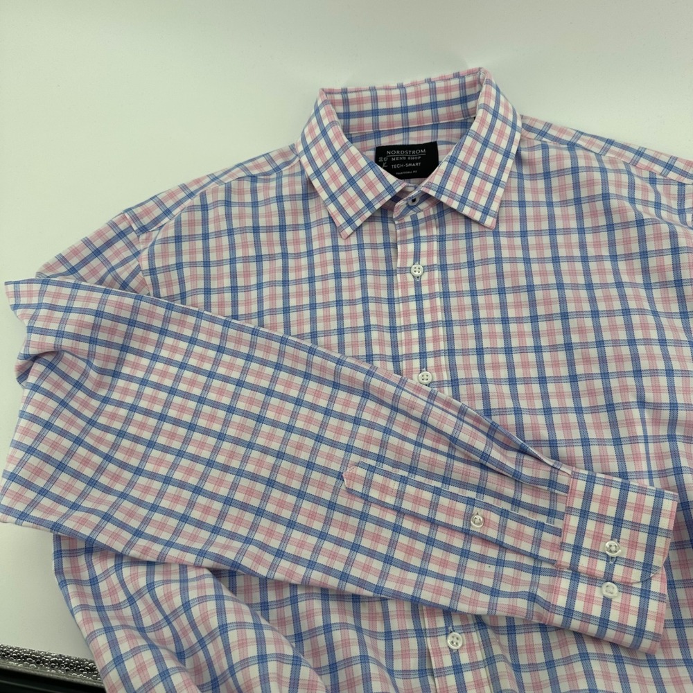 Nordstrom Mens Shop Tech-Smart Plaid Dress Shirt Blue Pink 15 1/2 34/35